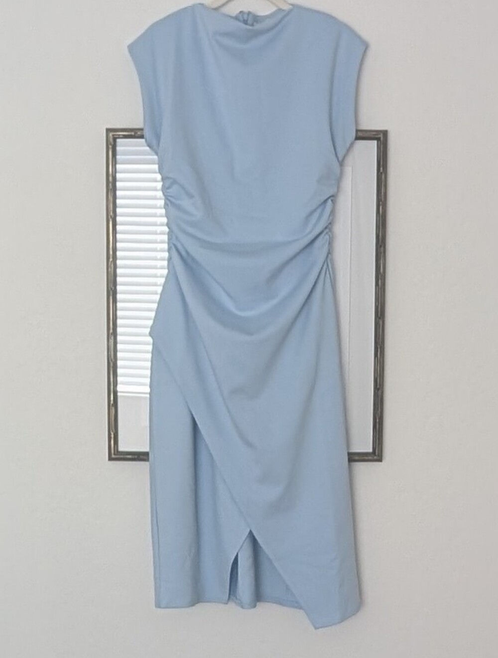 Nordstrom Light Blue Ruched Funnel Neck  Wrap-Front Midi Dress SZ M NWTs